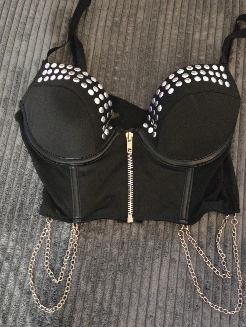 Studded Black Zip-Front Bustier Bra with Chain Accents